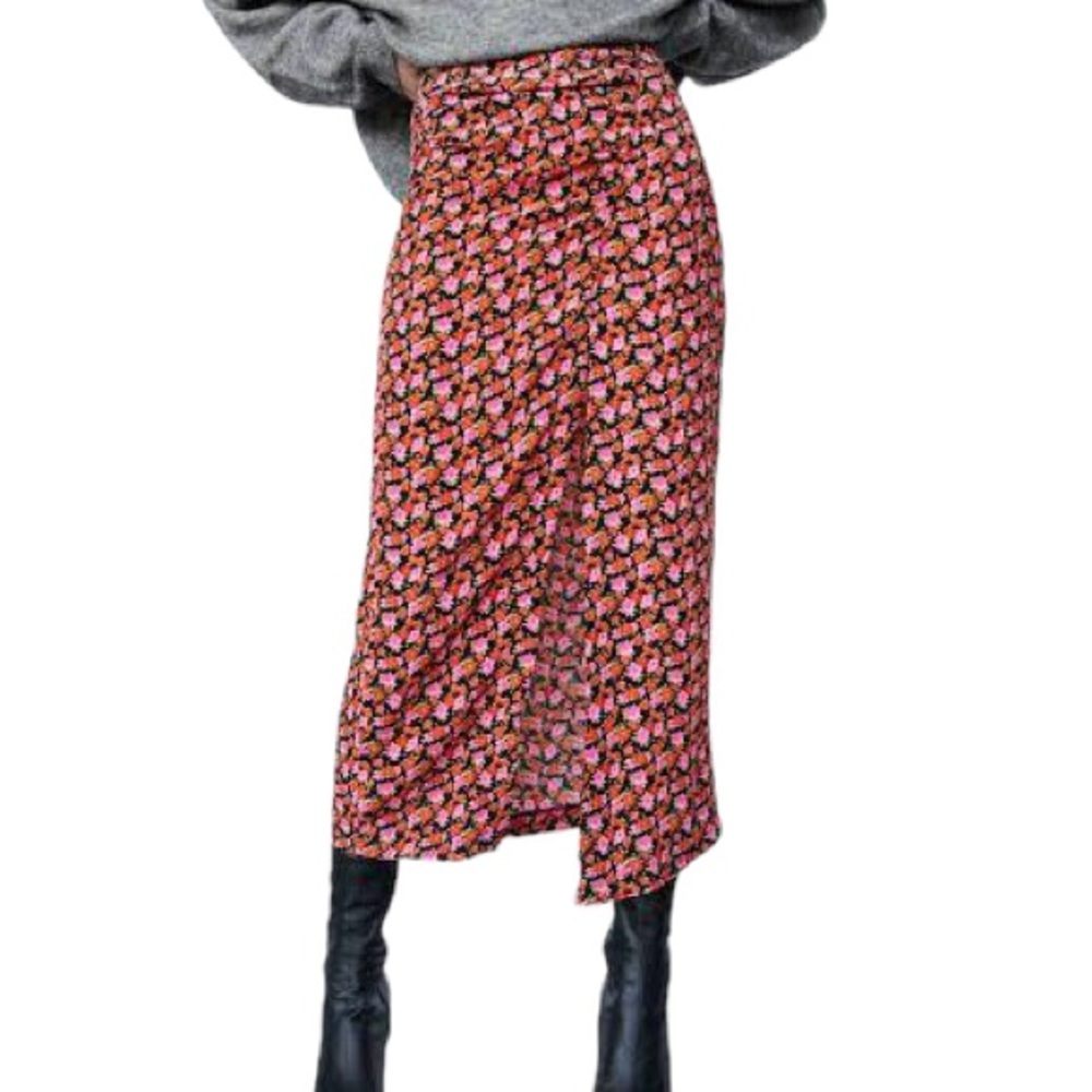 NWT Zara Pink Floral Printed Ruched High Waisted Midi Skirt - XS
